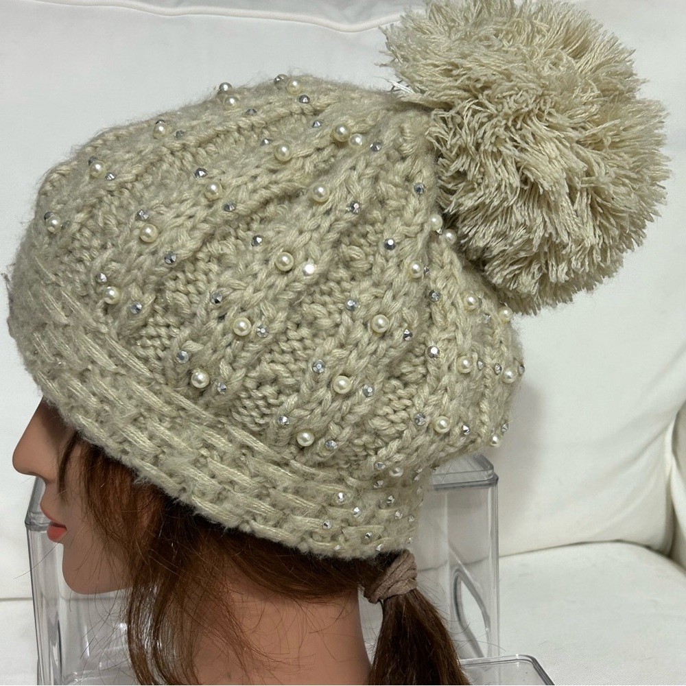 CASPAR Women’s Winter Beanie with Pom Poms, Bling Pearls and Rhinestones